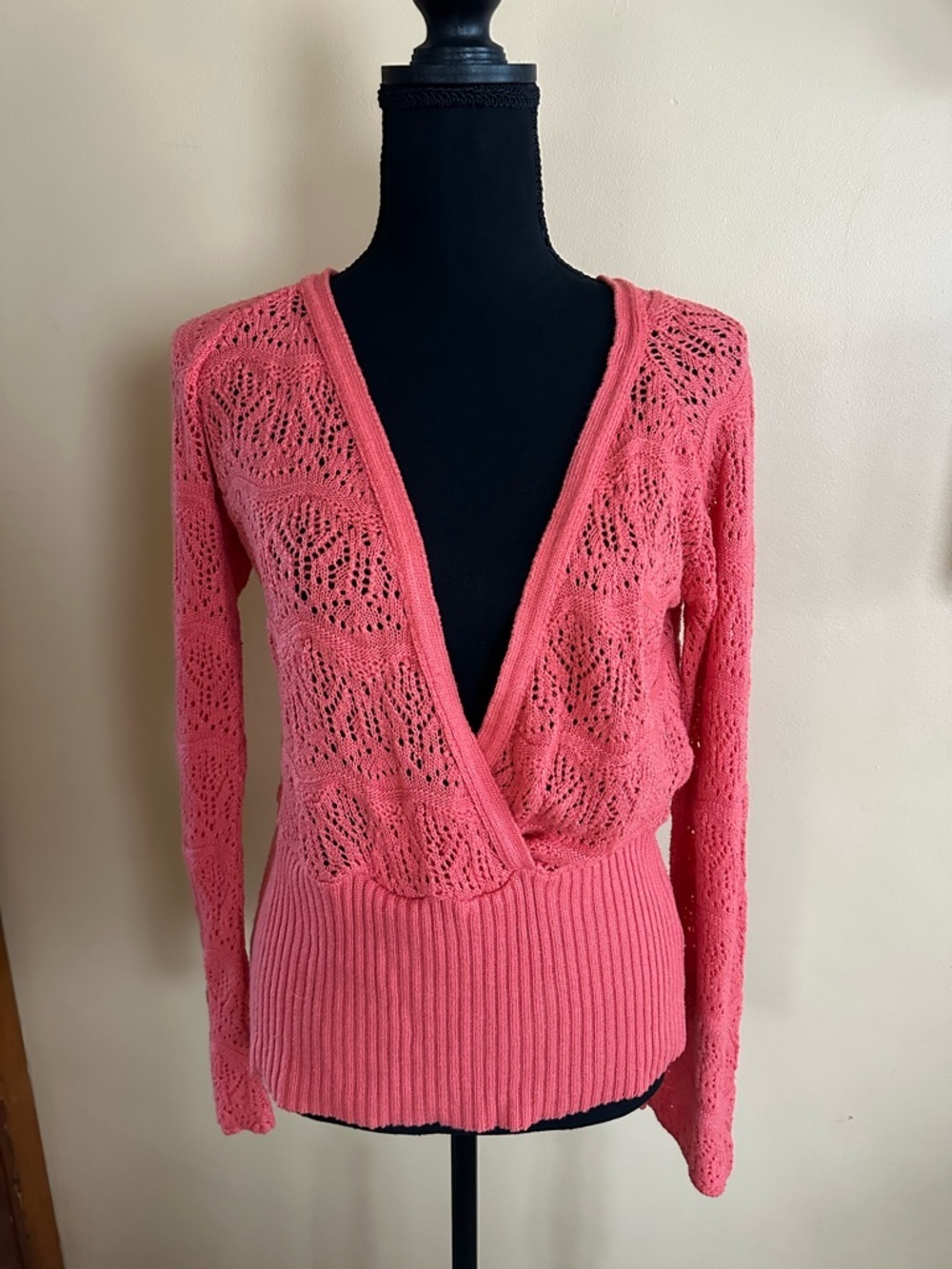 VINTAGE Y2K Womens Sweater SAY WHAT? Coral crochet wrap Whimsy Festival size L